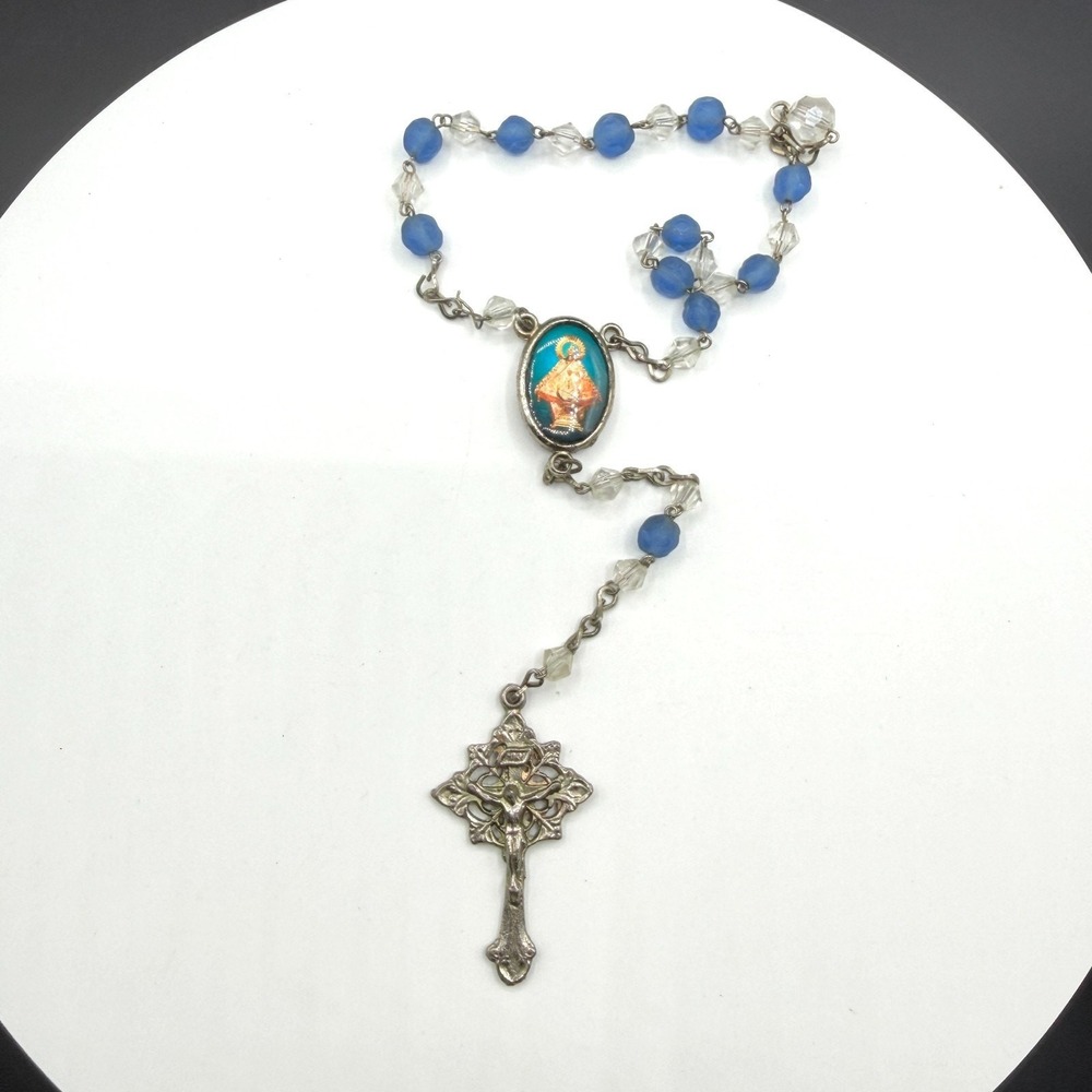 ITALY Catholic Rosary Blue Bead Virgin Mary Medal Crucifix Religious Prayer Gift